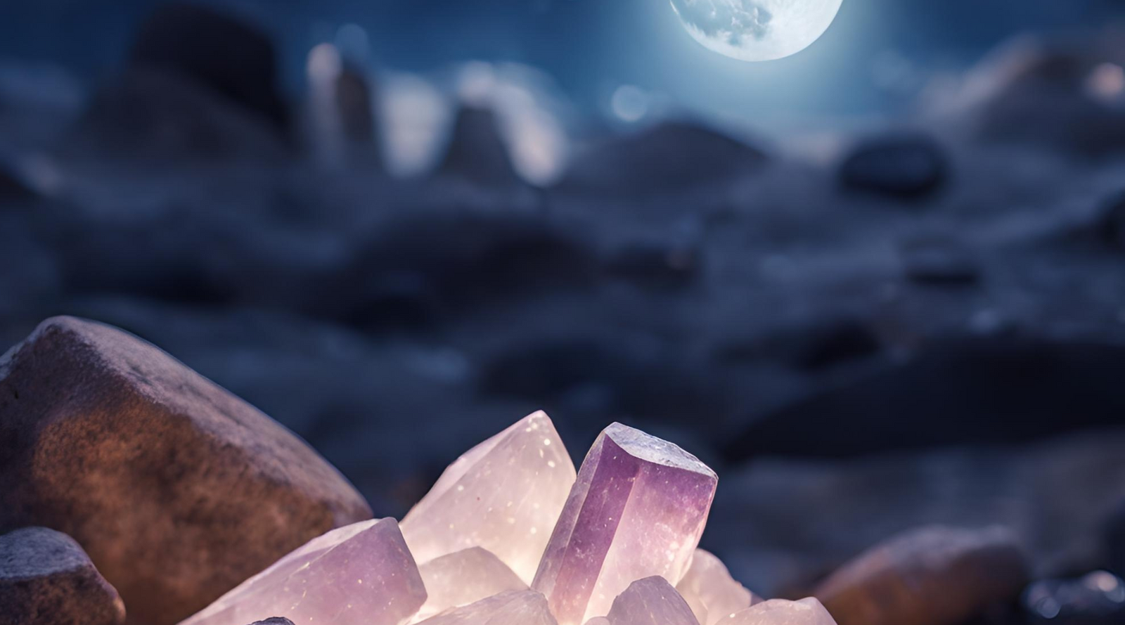 pink purple healing crystals and stones outside on a dish recharging their healing powers under the light of a full moon