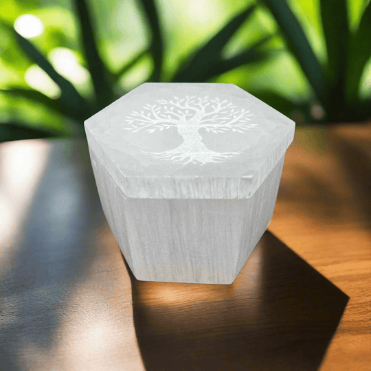 Selenite Hex Box With Tree of Life Carved on Lid