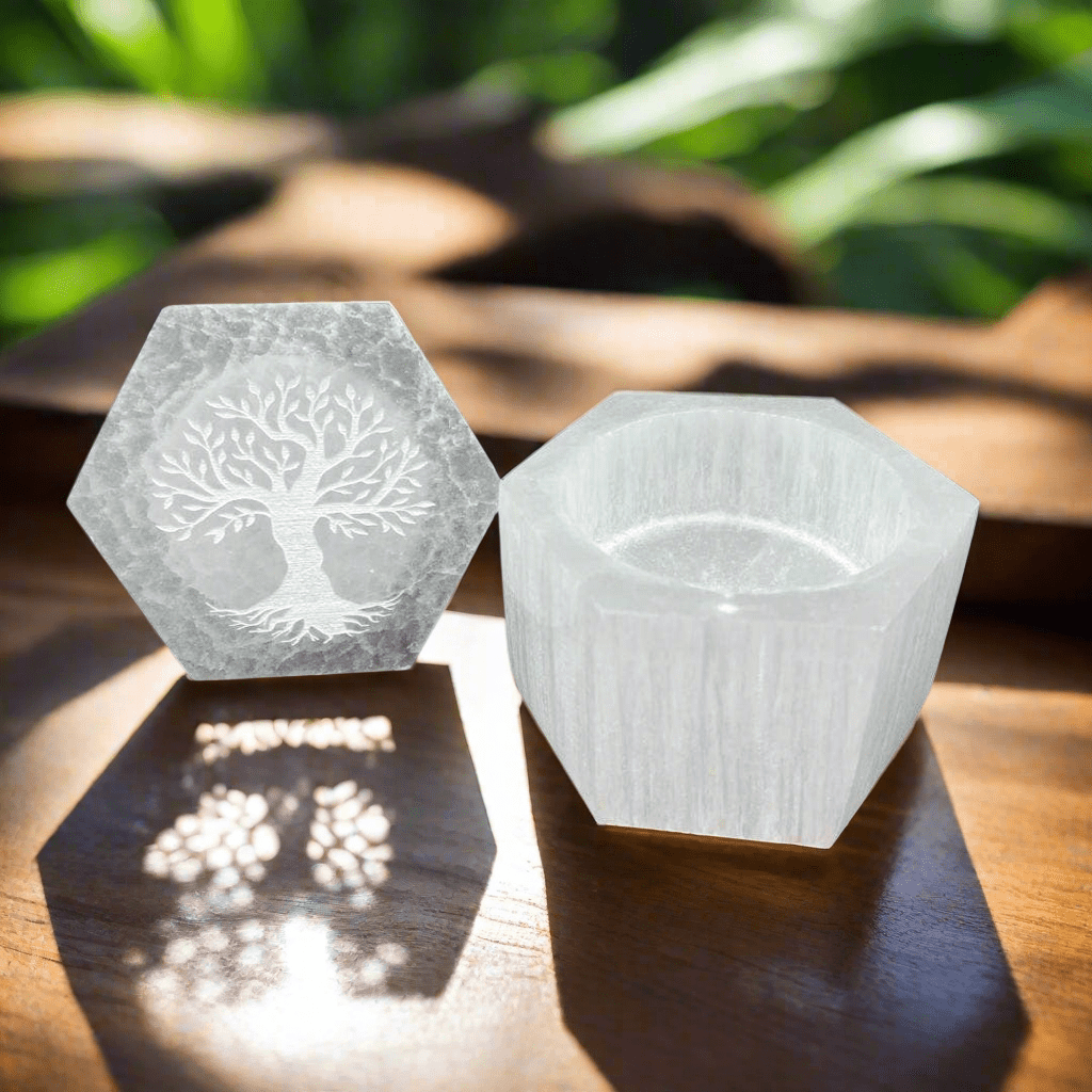 Selenite Hex Box With Tree of Life Carved on Lid