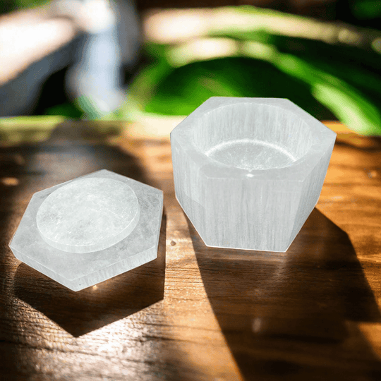 Selenite Hex Box With Tree of Life Carved on Lid