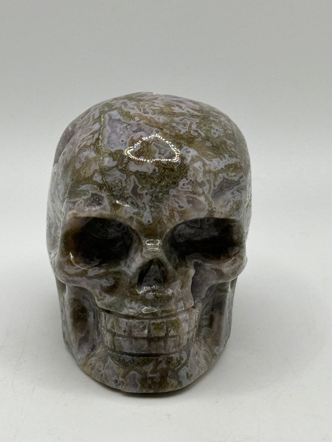 Moss Agate Skull Carving