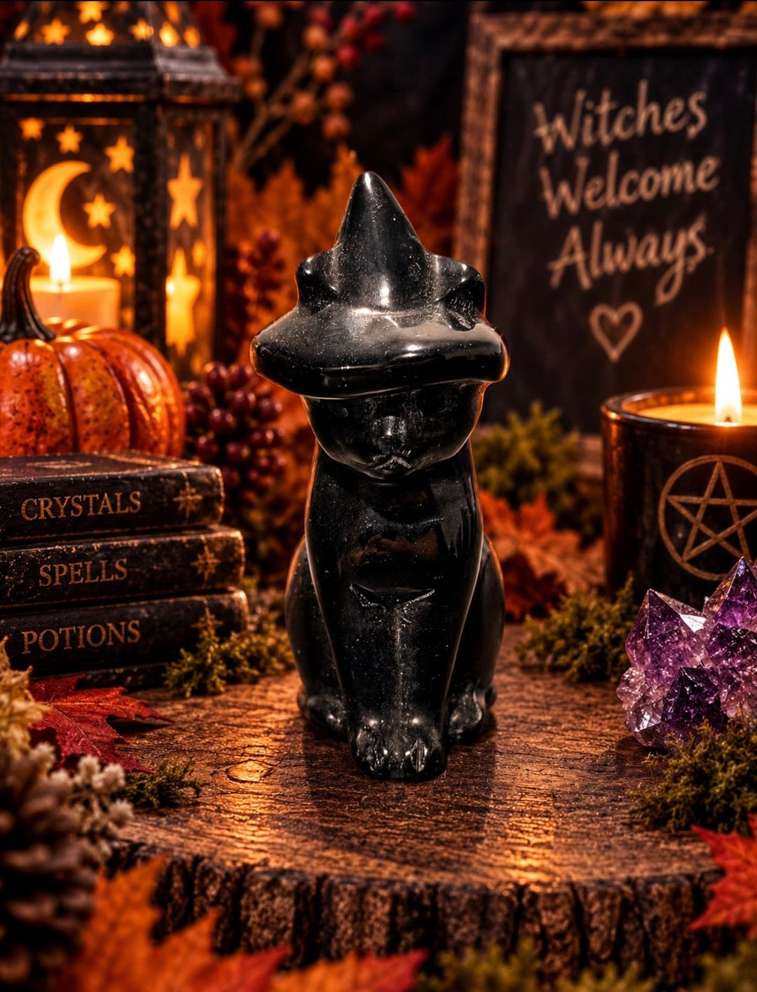 Black Obsidian Witchy Cat Carving