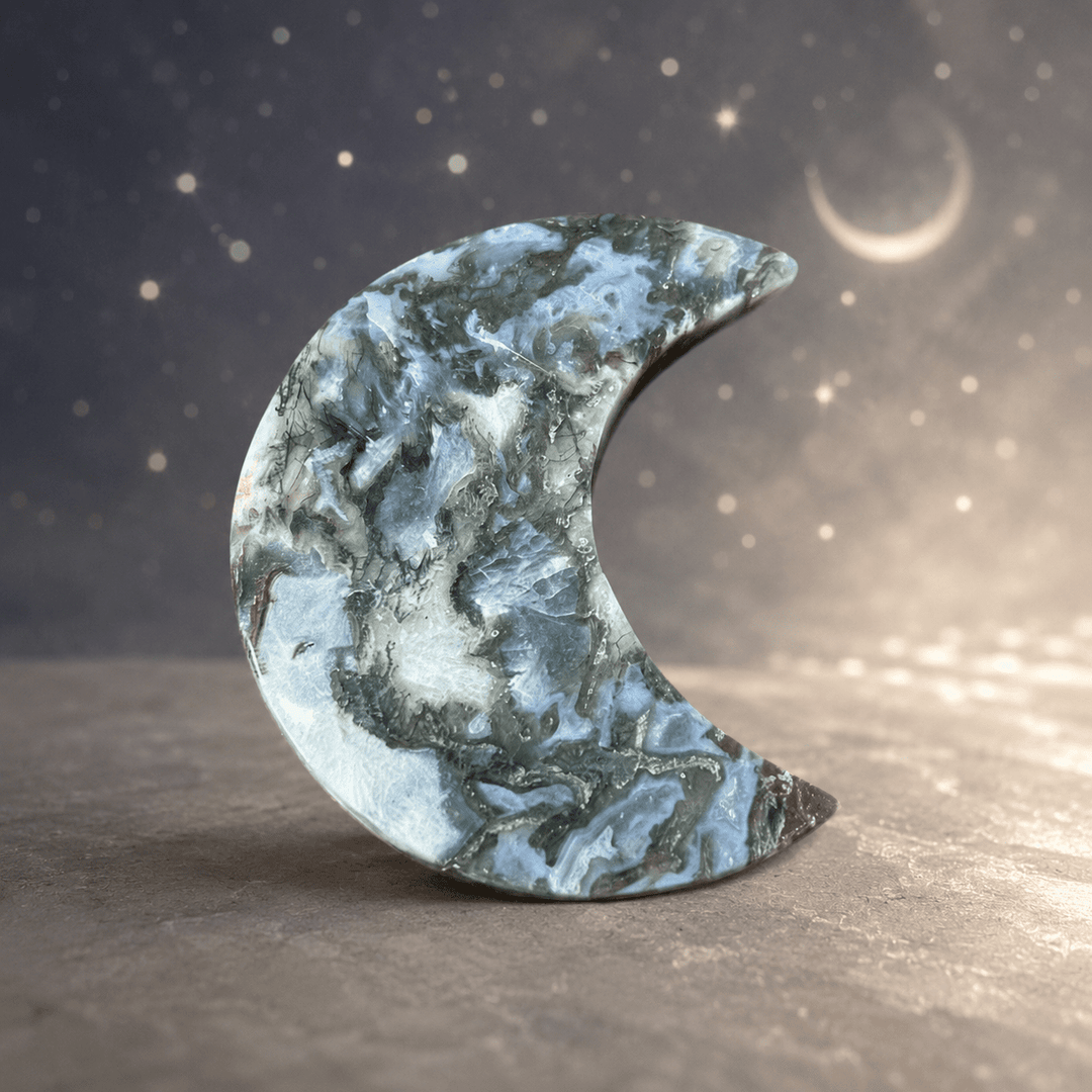 Moss Agate Crescent Moon Carving