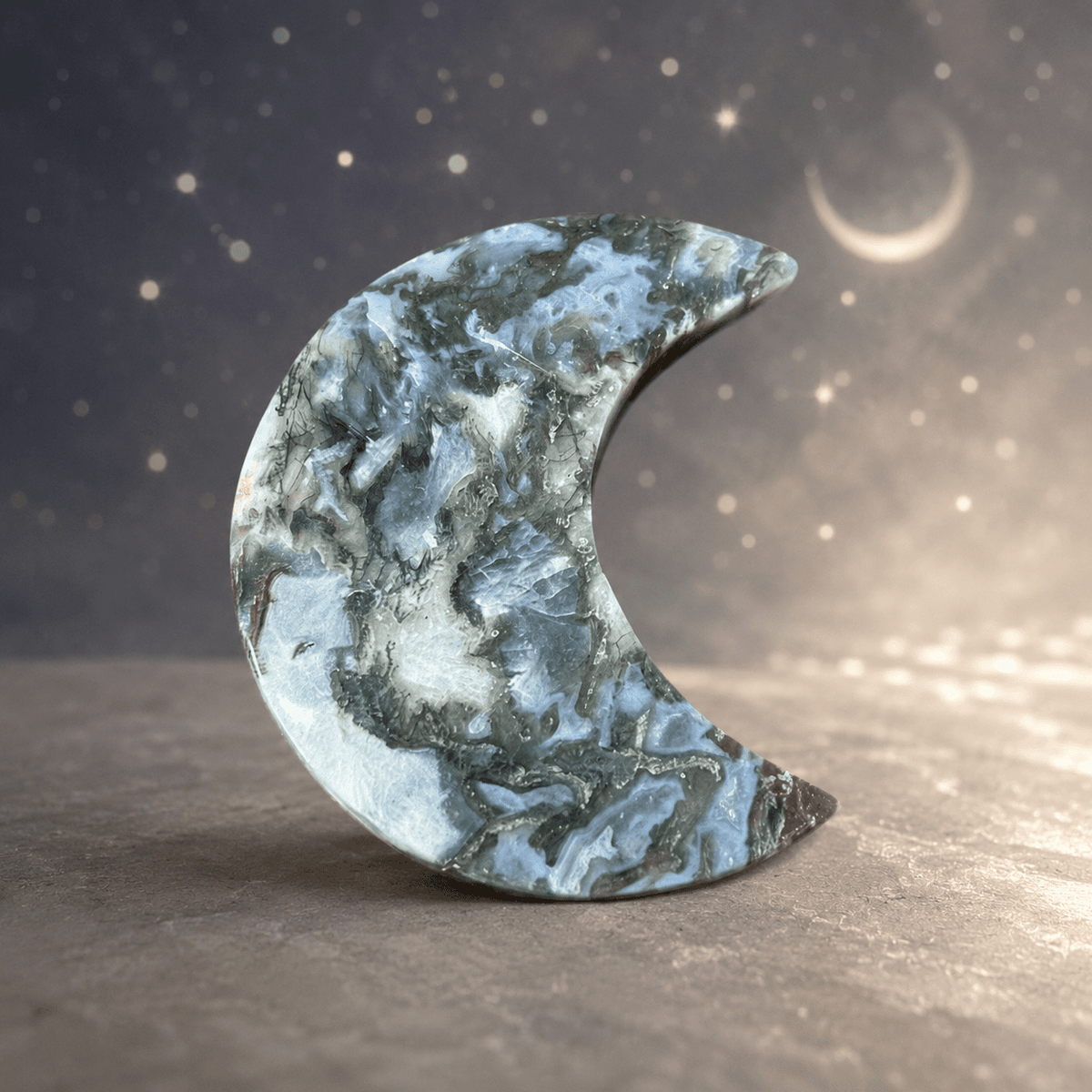 Moss Agate Crescent Moon Carving